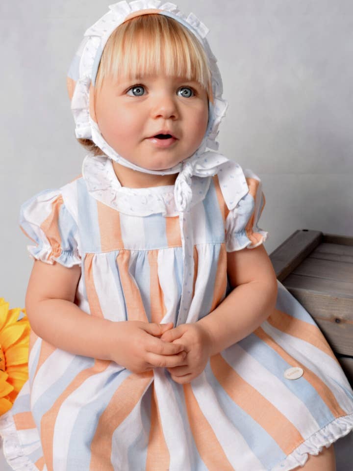 Conjunto vestido. braguita y capota de bebé listado Cocote & Charanga for wholesale by Charanga