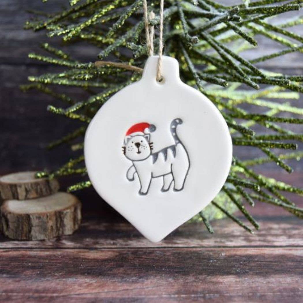 Broadlands Pottery – wholesale Ornament – Christmas - Cat with Santa Hat - Handmade ceramic bauble5