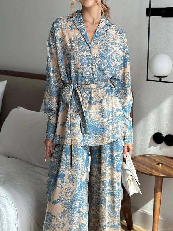 BLUE Long Sleeves Buttoned Printed Tied Waist Notched Collar Shirts Top + High Waisted Pants Bottom Two Pieces Set for wholesale on Faire6