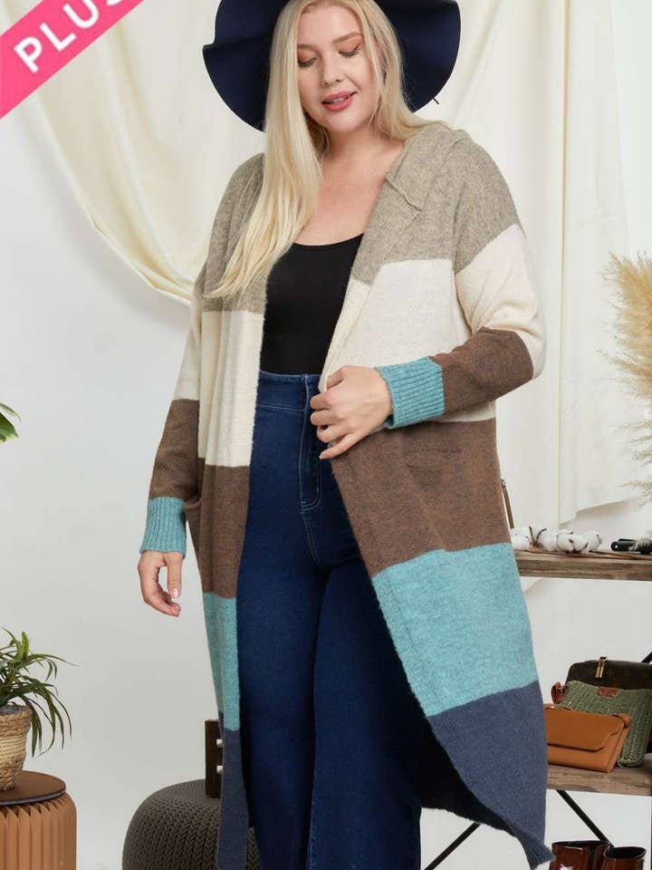 PLUS COLOR BLOCK HOODIE OPEN LONGLINE CARDIGAN for wholesale by Davi & Dani