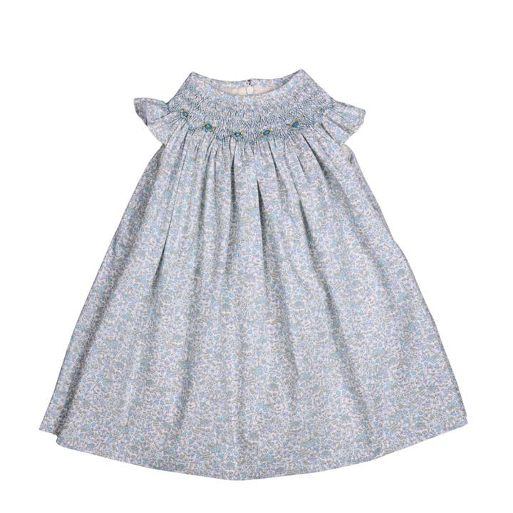 NICOLE | Vestido azul floral con nido de abeja para bebé niña para venta al por mayor de Bebe Sweeny