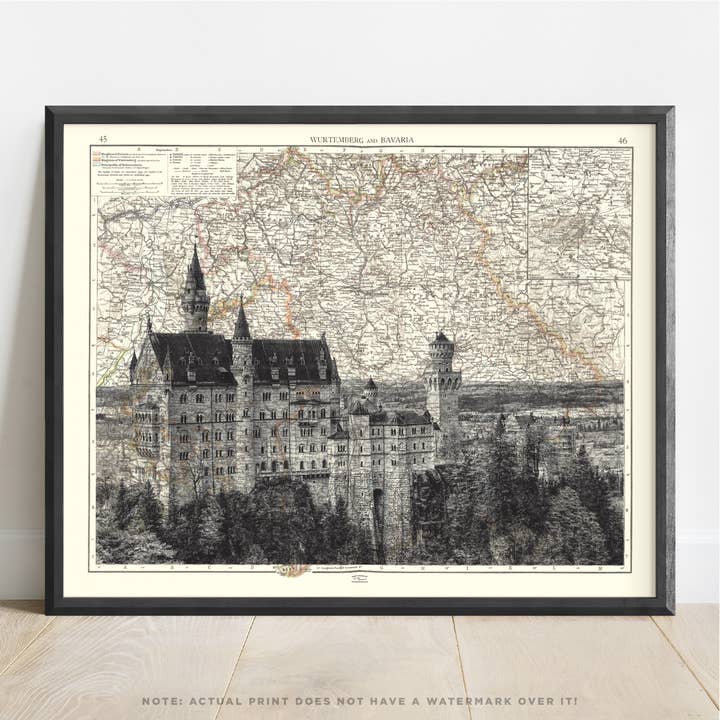 Germany | Neuschwanstein Castle Art Print on Vintage Map for wholesale by T. Shaw Designs
