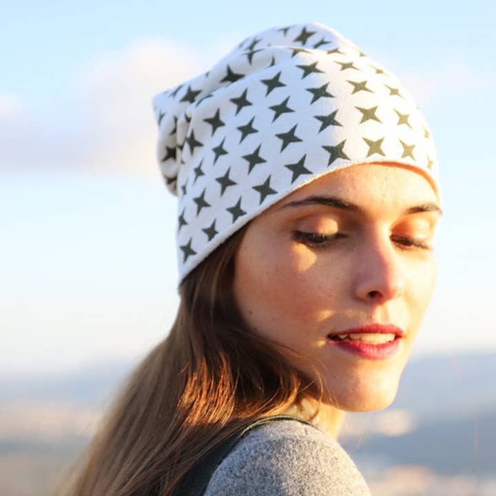 461 Cream Beanie Hat With All-Over Military Color Stars for wholesale by Purple Sardine