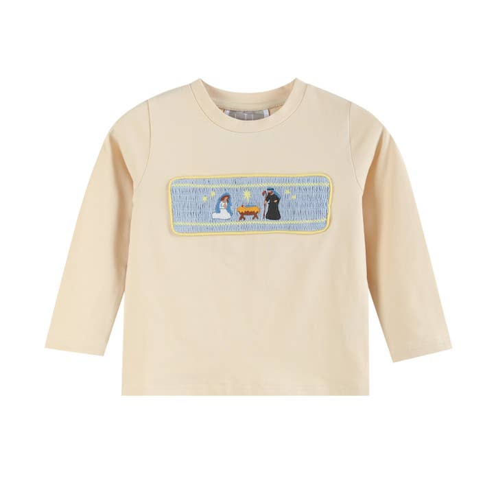 Lil Cactus - Wholesale Top & Pant Set - Kids - Light Brown Nativity Smocked Shirt and Blue Pants