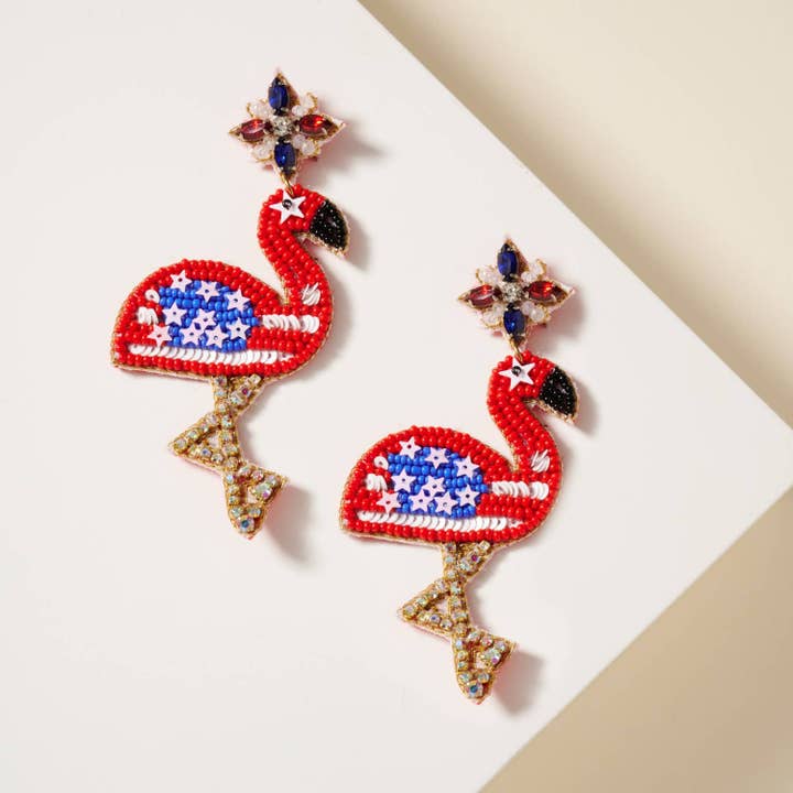 USA Flamingo Seed Beaded Earrings for wholesale by Frem