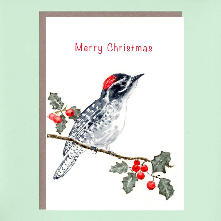 Pic sur une branche de houx pour la vente par Flower Bird Art Studio