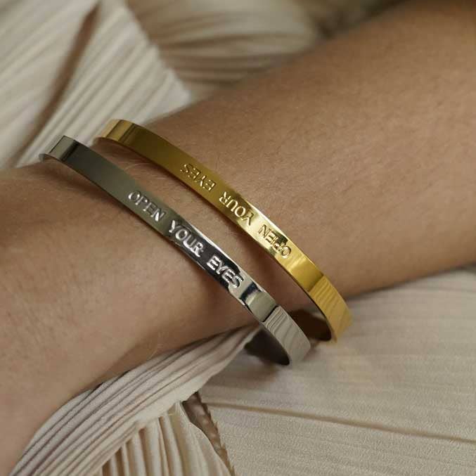 Open Your Eyes Gold Silver Engraved Steel Bangle for wholesale by Bijoux 7bis