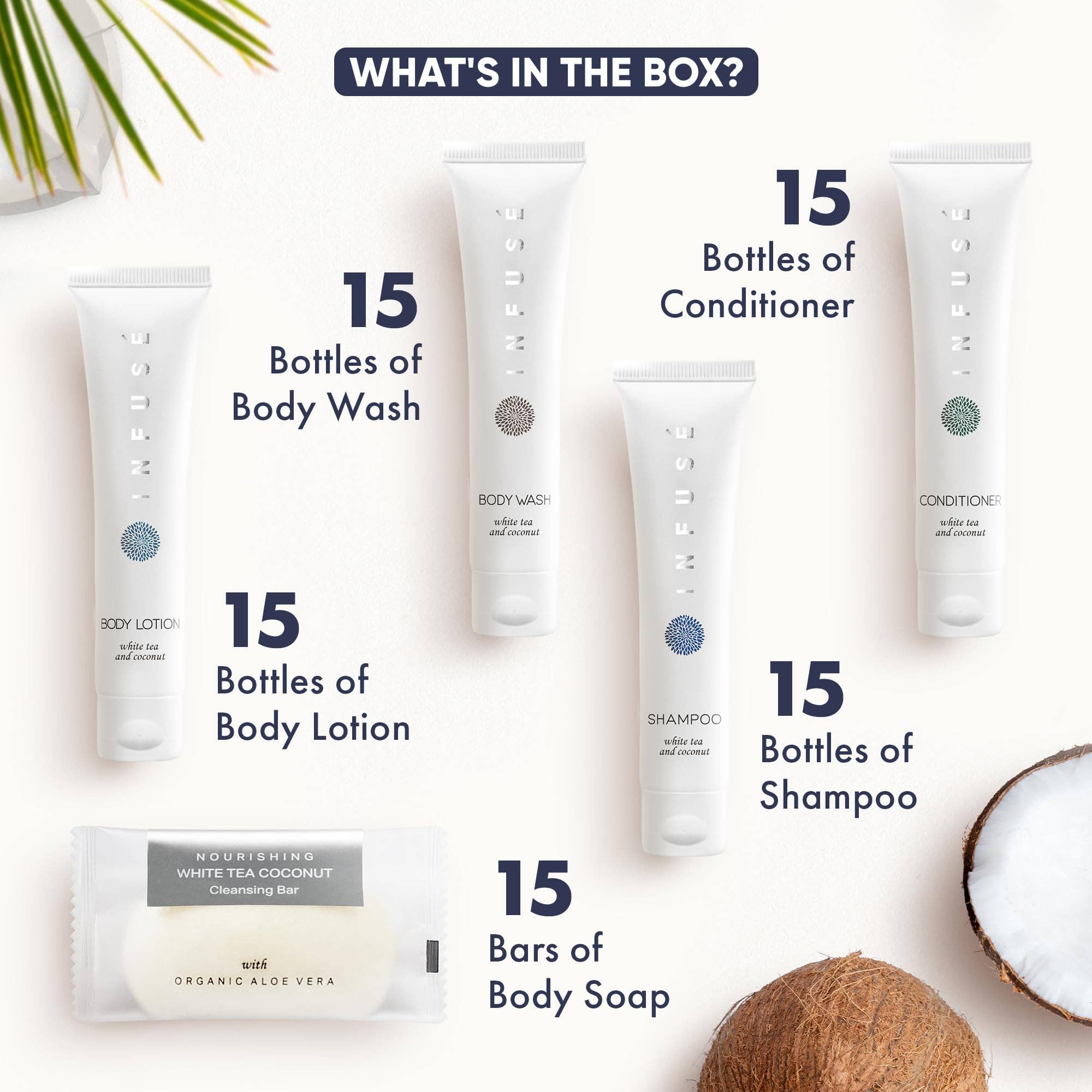 Diversified Hospitality Solutions - Wholesale Bath & Body Set - Infuse White Tea and Coconut Hotel Soaps and Toiletries Bulk Set | 1-Shoppe All-In-Kit for Hotels | 1oz Shampoo & Conditioner, Body Wash, Lotion & 1.25oz Bar Soap | Travel Size Toiletries 75 Pieces2