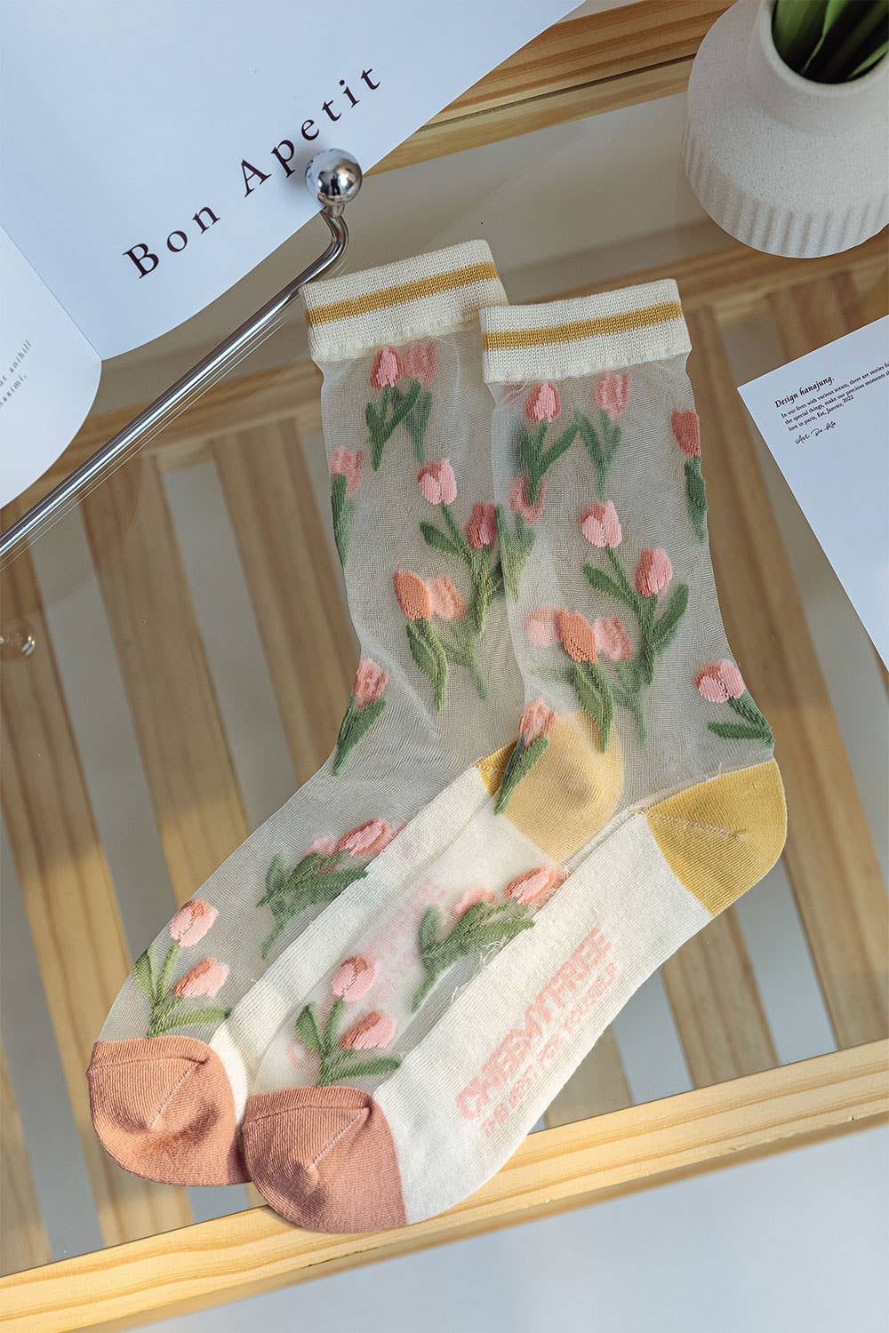 Rose 🌷 Transparent stocking socks with embroidered tulips 🌷 for wholesale on Faire2