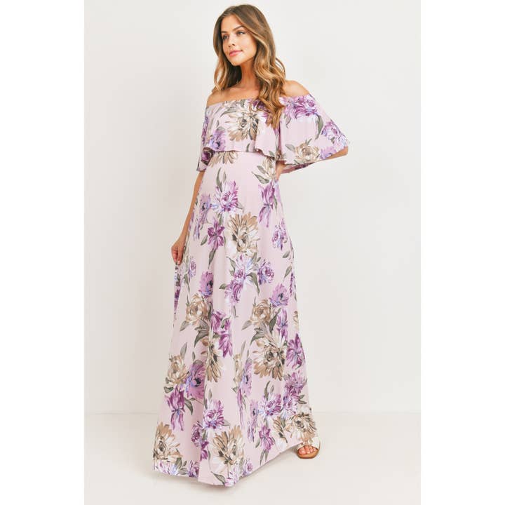 Hello Miz - Wholesale Dress - Maternity - Ruffle Off Shoulder Maternity Floral Maxi Dress