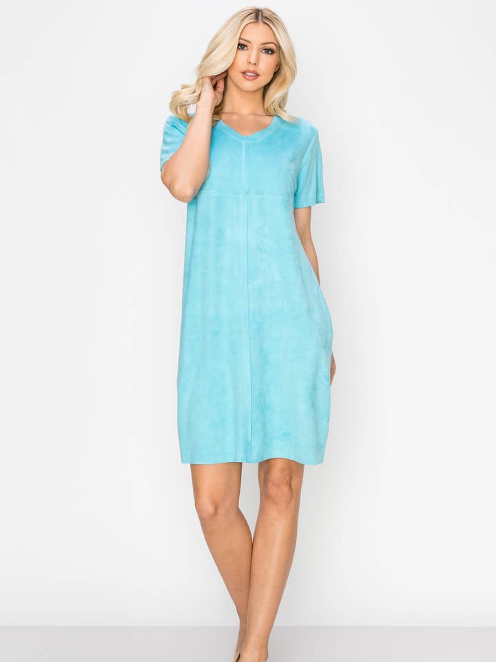 Audrey Stretch Suede V-Neck Dress with NO Pockets for wholesale by Joh Apparel