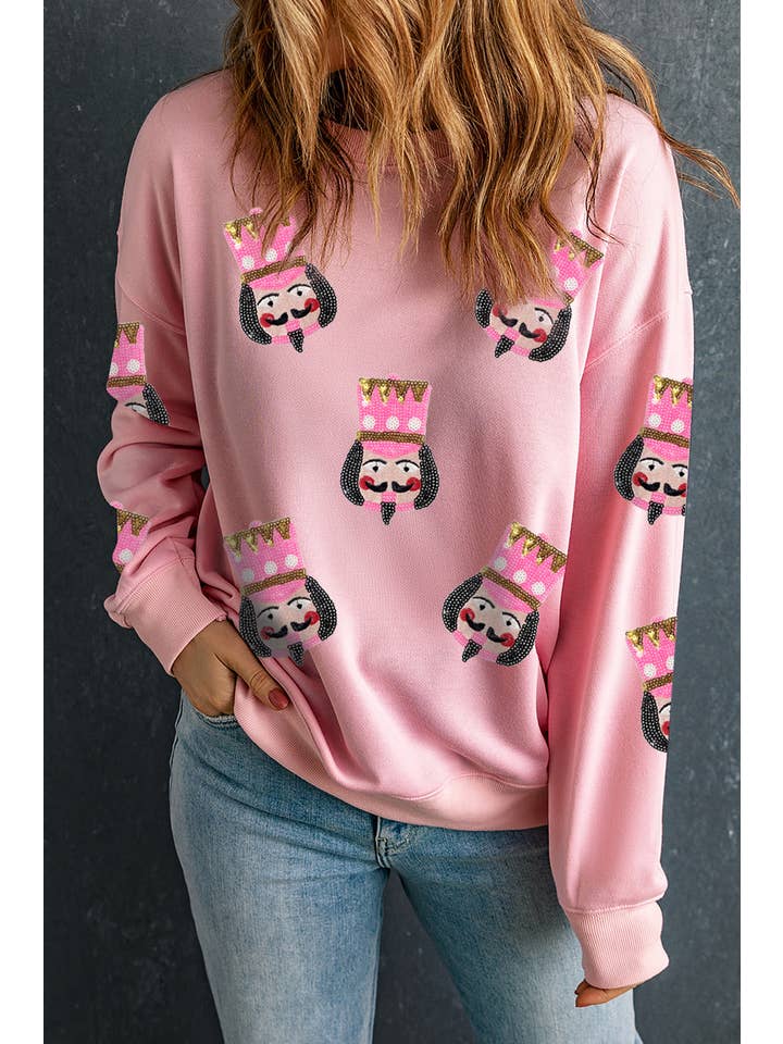 As shown Sequin Nutcracker Christmas Graphic Sweatshirt | S-2XL for wholesale on Faire