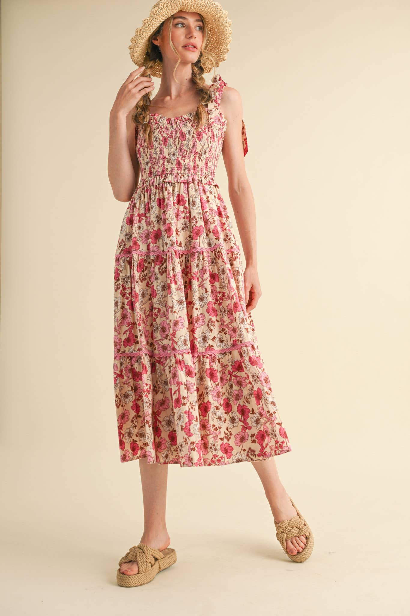 &MERCI - Vente Robe – femme - ROBE MIDI À VOLANTS EN DENTELLE FLORALE MDR38525