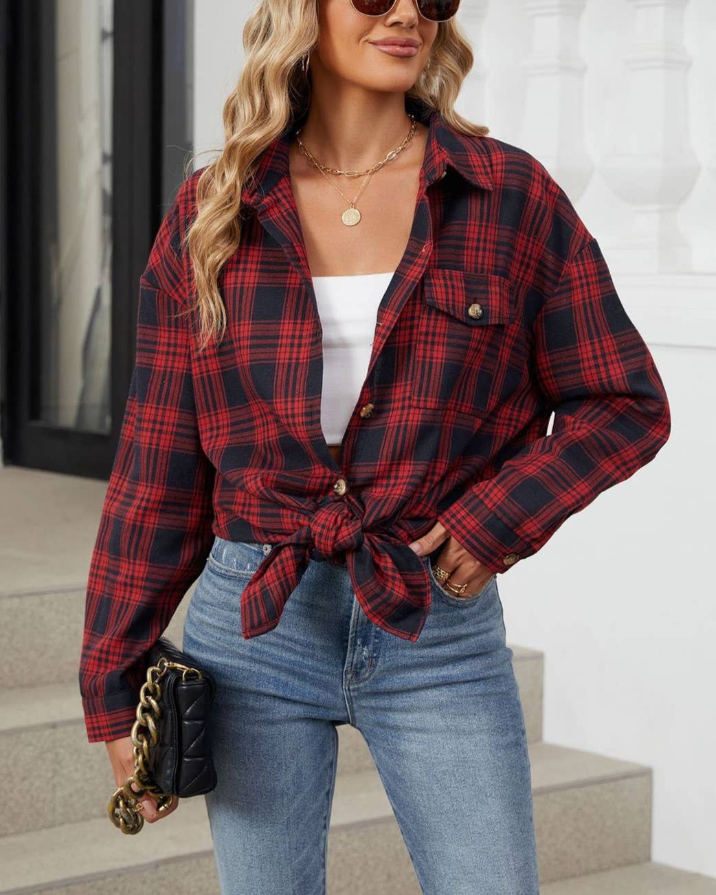 HIDDENBRAND - Wholesale Shirt - Women's - Oversized Boyfriend Brushed Plaid Shirt0