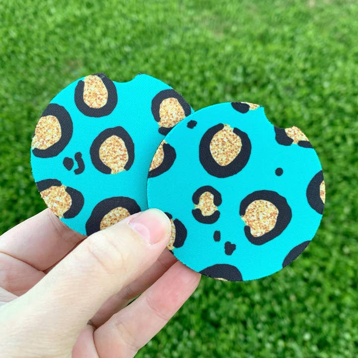 Aqua Glitter Leopard Car Coasters for wholesale by Painted Skies