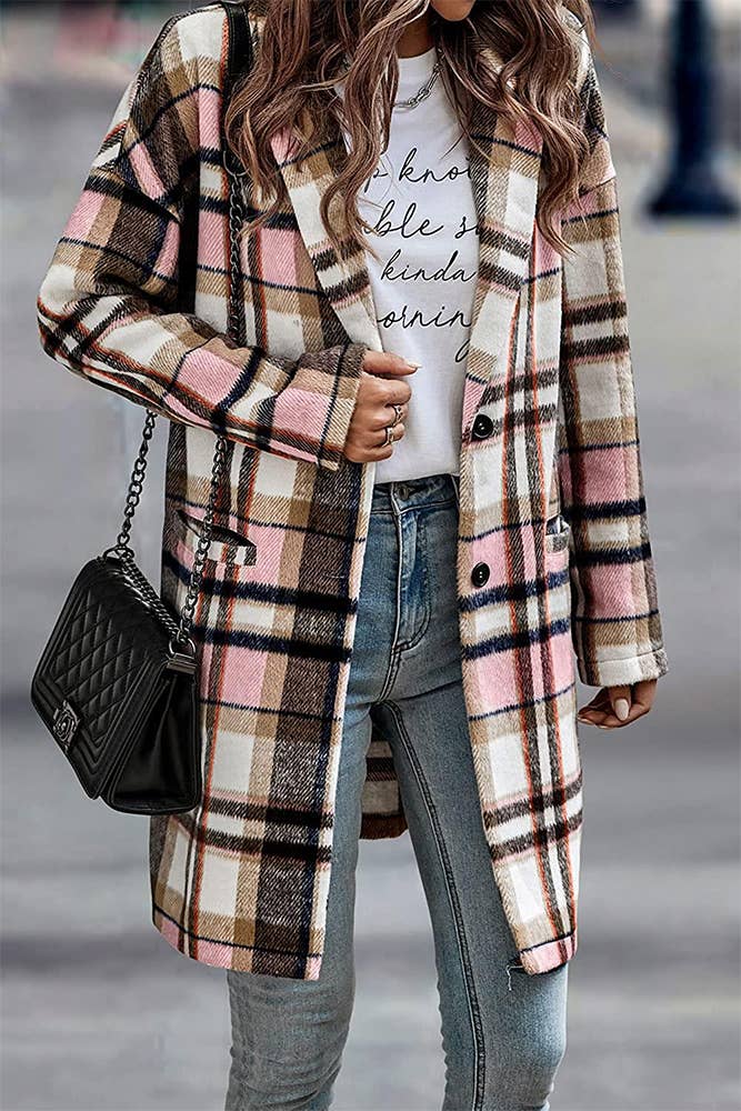 UNISHE - Wholesale Shirt Jacket/Shacket - Women's - Lapel Pockets Plaid Long Shacket Coat ZZKF4279