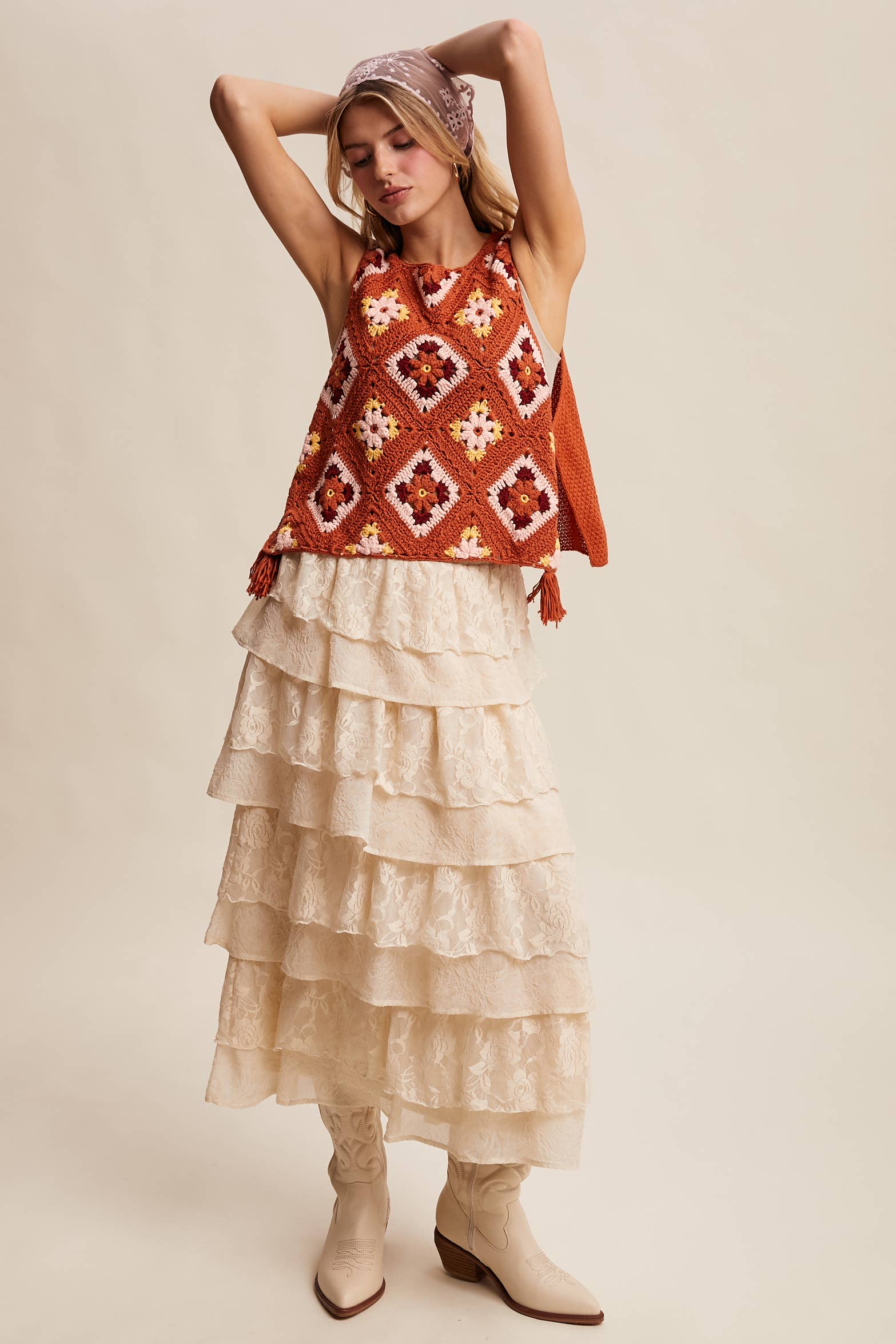 Listicle - Wholesale Sweater Vest - Women's - Crochet Granny Square Tassel Tie Vest LSW100634