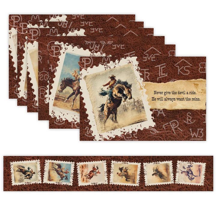 7 Pieces Rodeo Phrases Cowboy Table Runner and Placemats Set Made in USA for wholesale by BAHA RANCH WESTERN WEAR