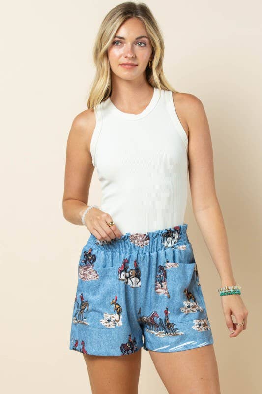 AP1312-MARA WESTERN DENIM PRINT SMOCK WAIST WOVEN SHORTS for wholesale on Faire6