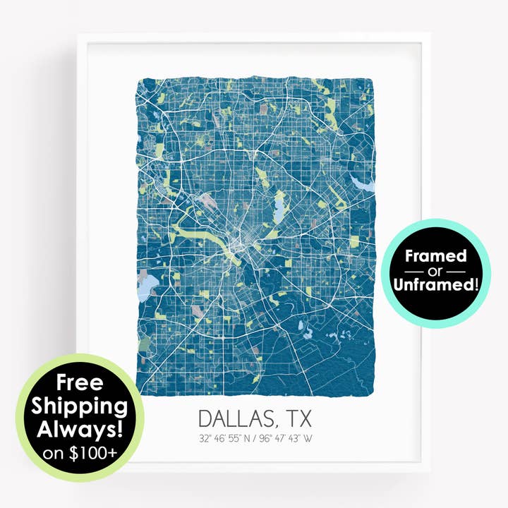Dallas Texas Map - Watercolor Map Poster - Customizable for wholesale by Sparks House Co.