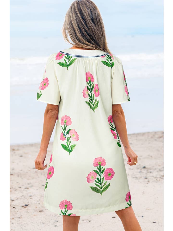 Aapparella - Wholesale Dress - Women's - Floral Print Short Sleeve Split Neck Mini Dress | S-XL