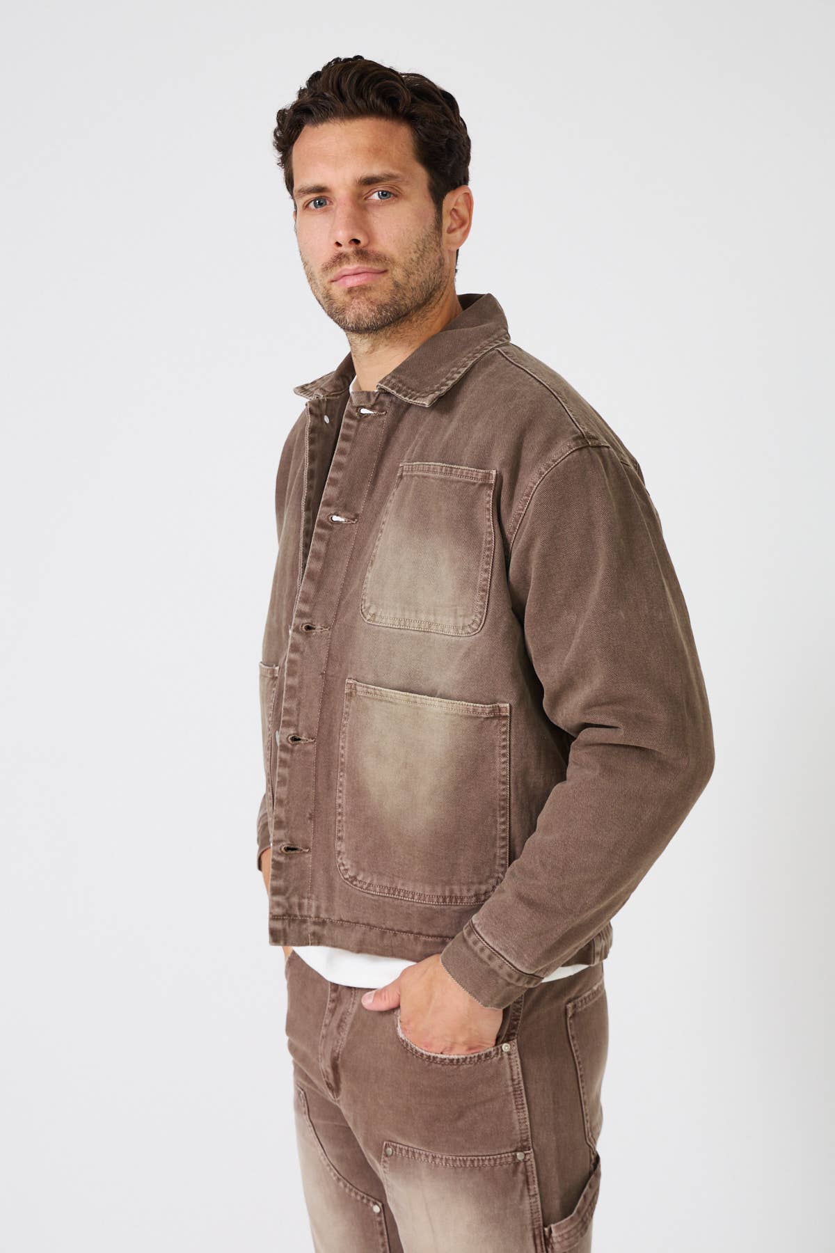 Camel Brown washed denim jacket and pants – Set for wholesale on Faire4