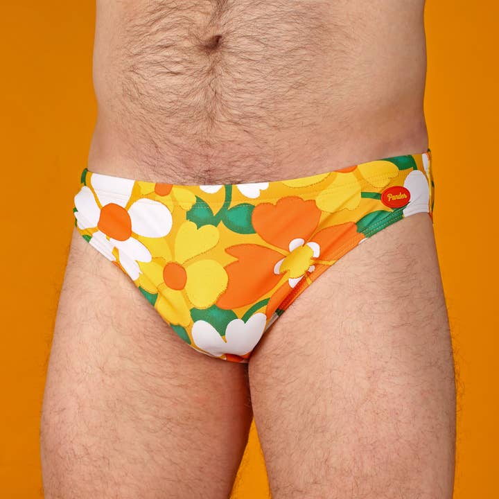 Yellow 70's Floral Couch Swim Brief for wholesale by Pander