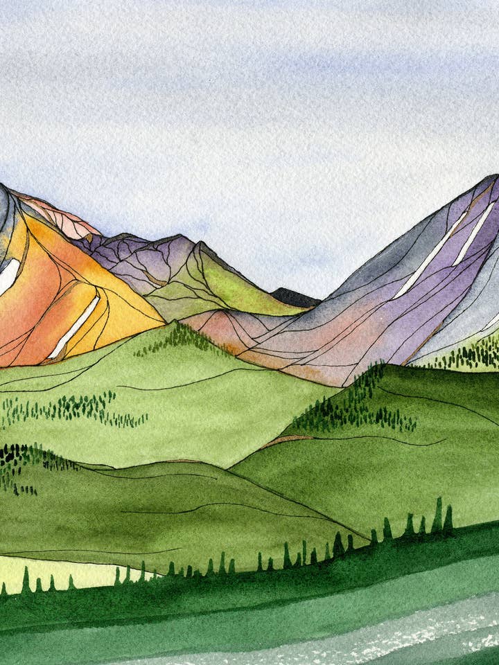 Mont. Baldy et Mt. Guyot - Paysage d'aquarelle de montagne pour la vente par Erika Donaghy Creative Studio
