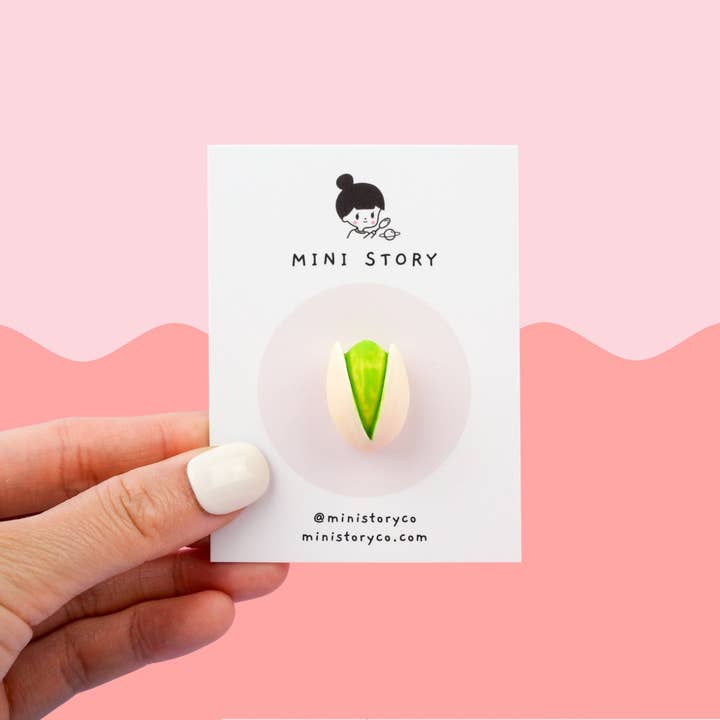 Pistachio Pin | Handmade Nut Brooch | Whimsical Pistachio Pin | Cute Foodie Accessory | Nut Lover's Pin for wholesale by Mini Story Co