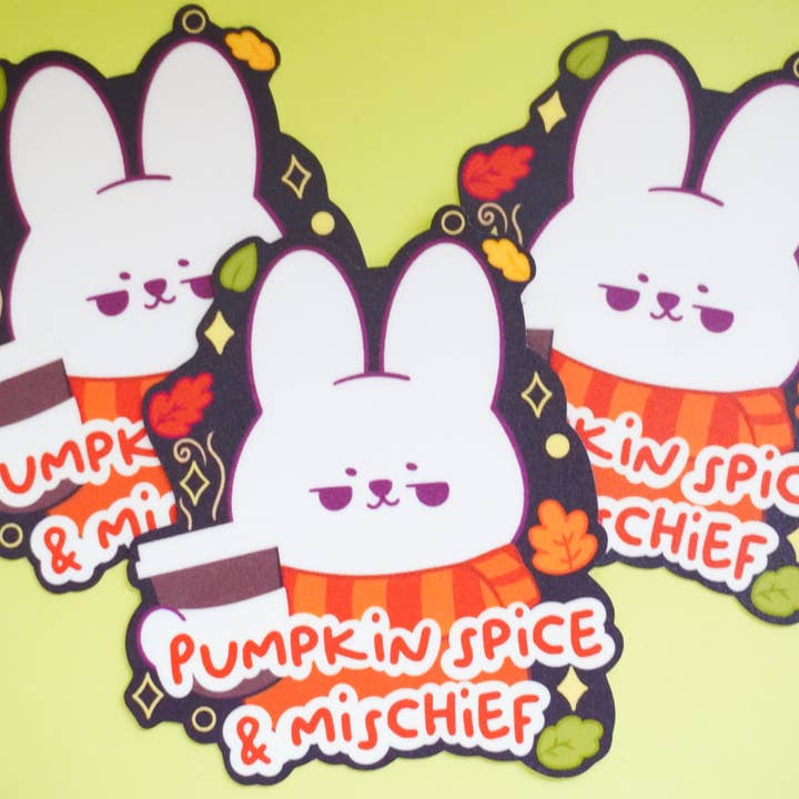 Pumpkin Spice & Mischief Bunny Sticker | Cute Fall Matte Vinyl for wholesale by LulunaGhost