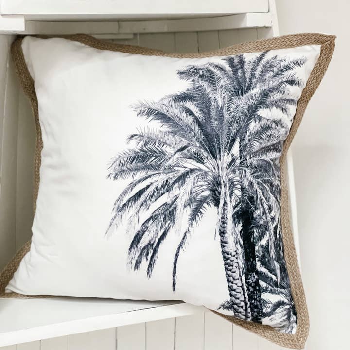 Madeline White Cotton & Navy Palm Cushion Cover for wholesale by Suksma