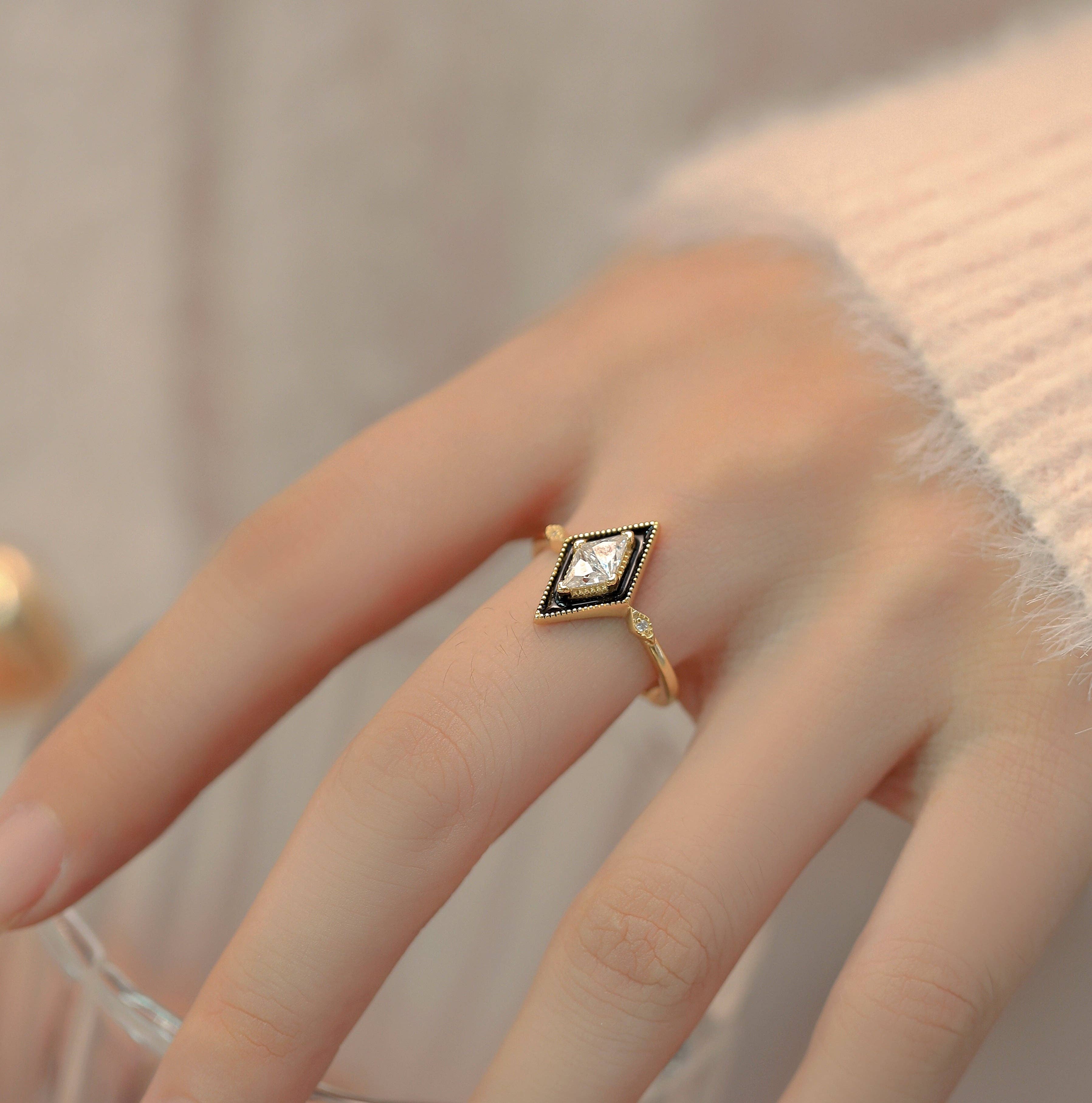 happyzzzsu - Wholesale Multi-Stone Ring - Sterling Silver Gold Plated Black Rhombus Ring5