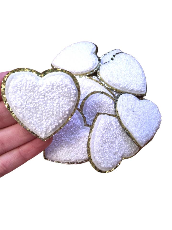 White Heart Chenille Gold Glitter Iron On Patch for wholesale by Scratch Decor