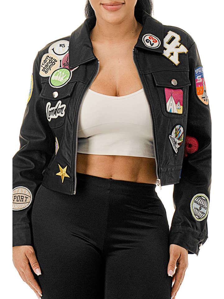 SALT - Wholesale Leather Jacket - Women's - (SJ5088)Multi Patch Cropped Faux Leather Jacket3