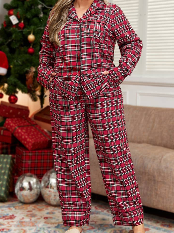 Plus Size Plaid Printed Shirt and Pants Lounge Set for wholesale by 66DISCO