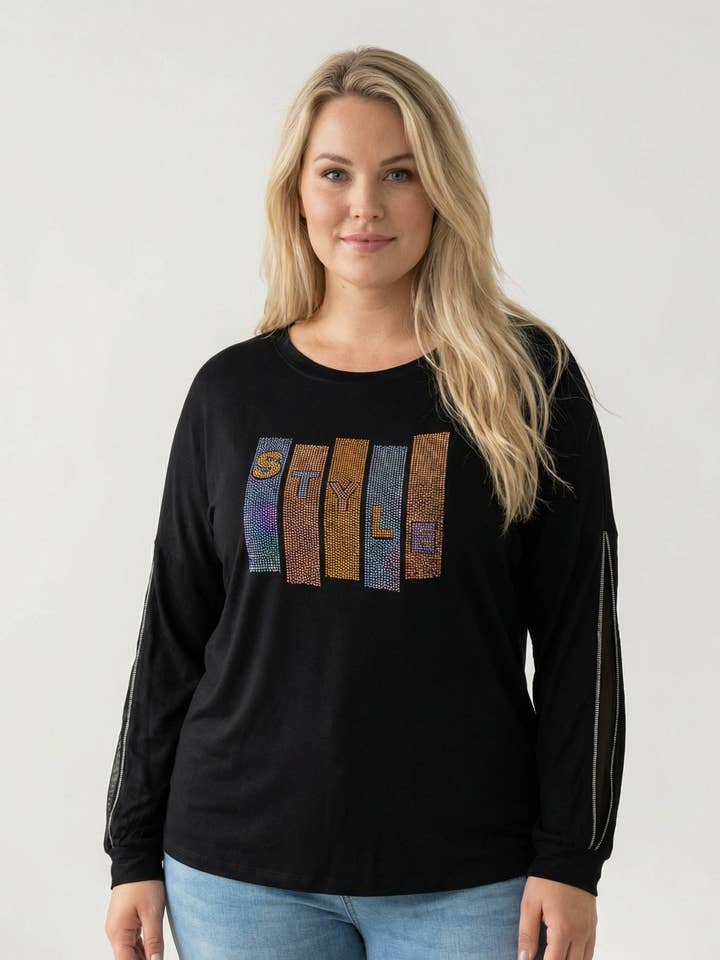 T-shirt preto tamanho grande com strass e mangas fendidas C6603 por atacado de Pomme Rouge Paris