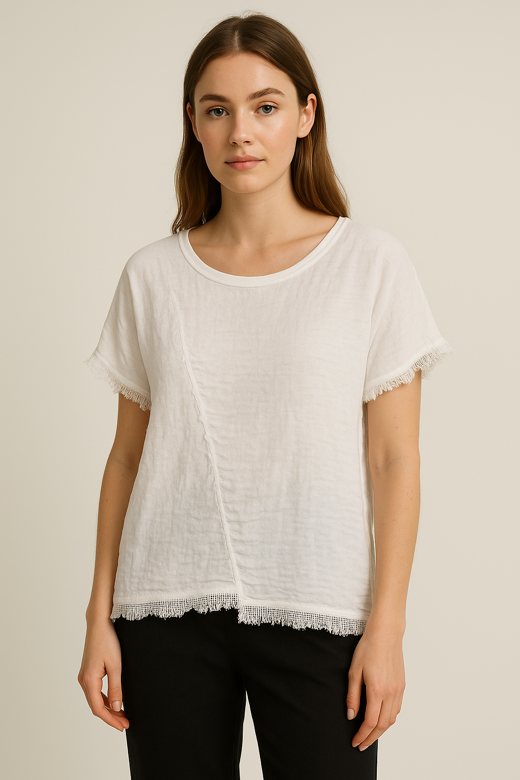 Lucy Sparks - Wholesale T-Shirt - Women's - LINEN FRONT AND COTTON BACK ASYMMETRIC T-SHIRT WITH MESH HEM8