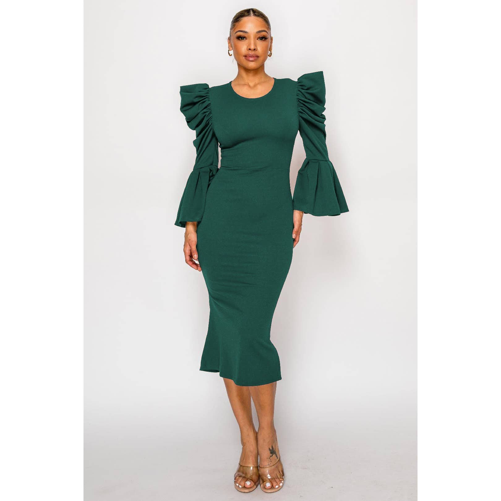 DORCAS - Vendita all'ingrosso Vestito - Donna - ABITO MIDI A SIRENA CON MANICHE A SBUFFO FUMÉ5