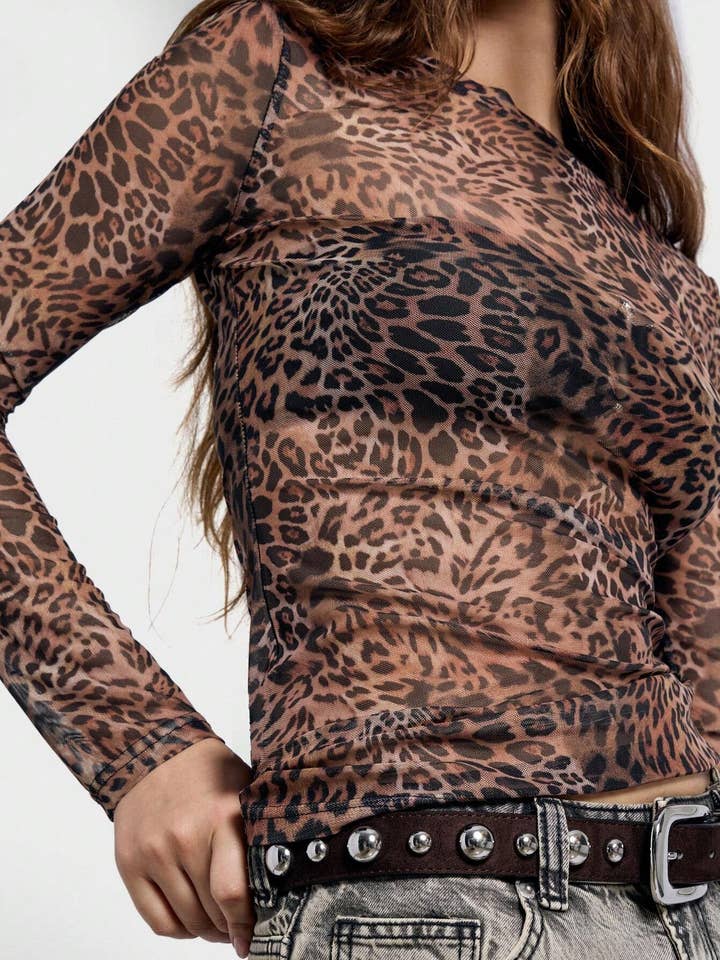 Multi Color Fashionable Leopard Print Mesh Top with Round Neck for wholesale on Faire5