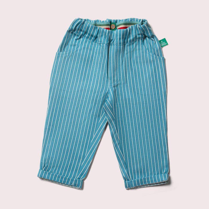 Pantalon à poches rayé bleu Horizon pour la vente par Little Green Radicals EU