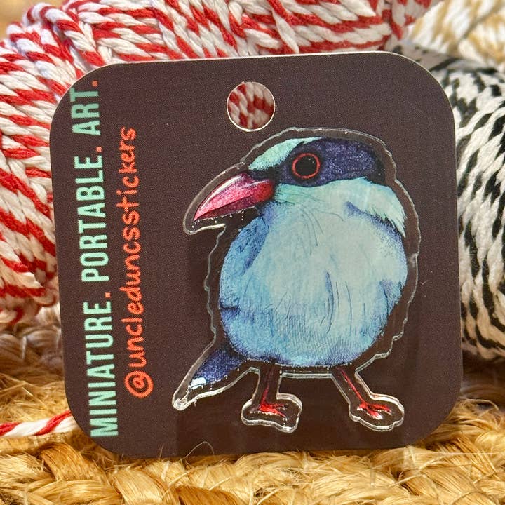 Blue the Bird Acrylic Pin for wholesale by Uncle Dunc's Sticker Shoppe