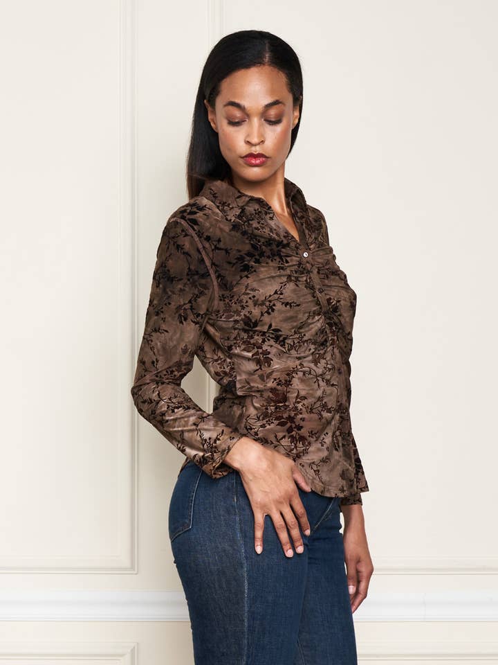 Brown 5700-MAT Flocked ITY Skinny Long Sleeve Ruched Shirt for wholesale on Faire4