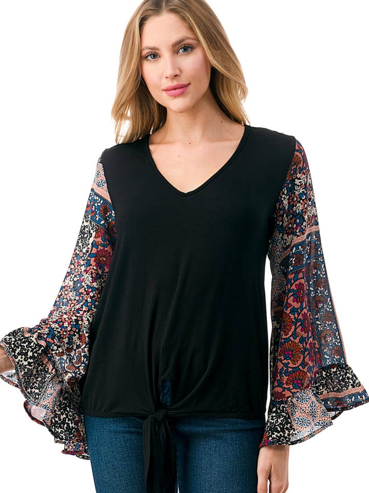 JANE V NECK RUFFLE SLEEVE TOP (BLACK/BOHEMIAN FLORAL)-VT3171 for wholesale by VAVA by Joy Han