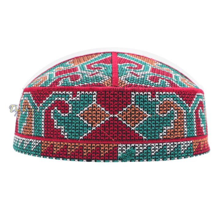 Pakistanischer Kufi-Hut mit Haji-Alay-Motiv, dunkelrot, türkisbraun für den Großhandel von IndoMode