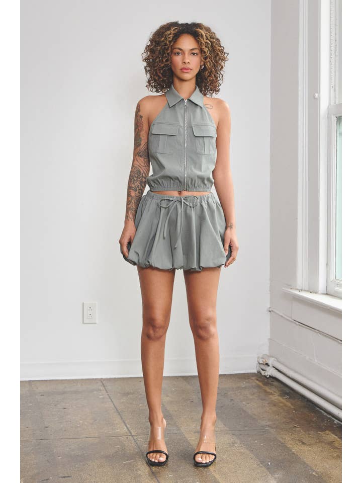 No Vacancy - Wholesale Top & Skirt Set - Women's - Stretchy woven collared top & bubble skort set1