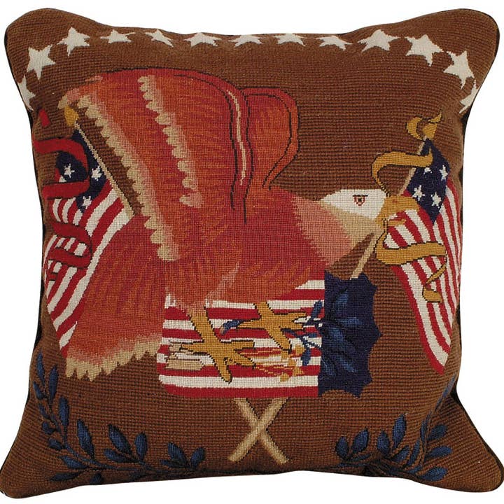 Coussin à points mixtes EAGLE & FLAG, 16 x 16 pouces pour la vente par Michaelian Home/India Overseas Traders, Inc.