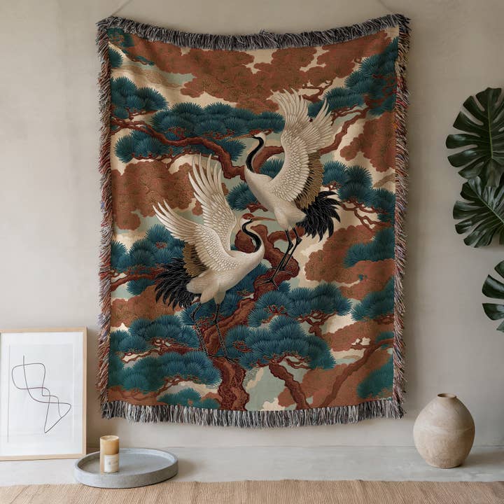 Cranes in Pine Tree Woven Blanket Traditional Japanese Throw por atacado de CasaIuliia