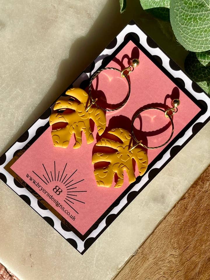 Monstera Leaf Statement Earrings with Gold Circle for wholesale by Bryers Designs