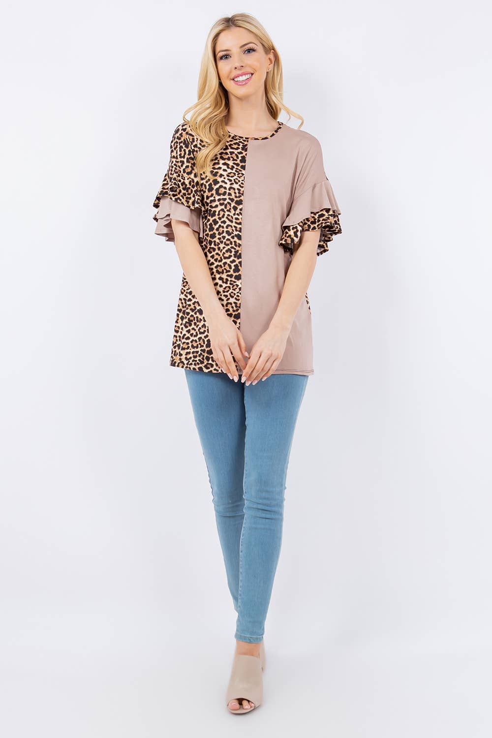 Celeste Clothing – wholesale Blouse – Women’s – ANIMAL PRINT CONTRAST TOP WITH RUFFLE SLEEVES -CT43831B9