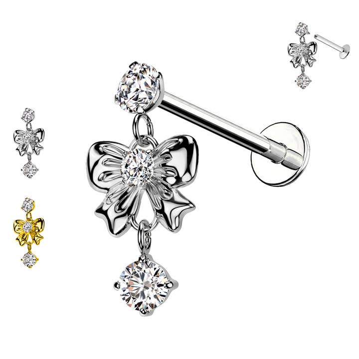 Labret Pendant Piercing with Bow and Crystal for wholesale by Awaken